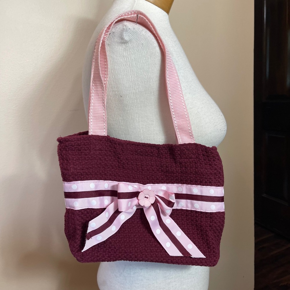 Handmade Burgundy Waffle Knit Mini Tote Bag Pink Ribbon Bow Polka Dot Trim